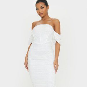 WHITE GLITTER CHIFFON BARDOT RUCHED MIDI DRESS